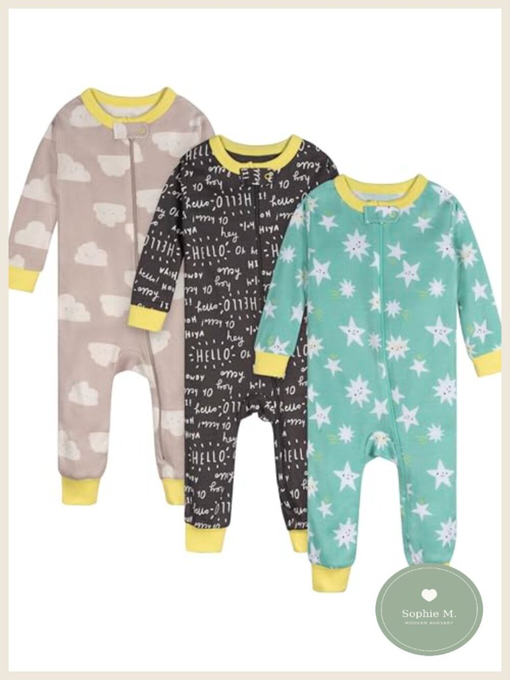 100% Cotton Footless Pajamas 3-Pack Long Sleeve Zip Up Baby One Piece